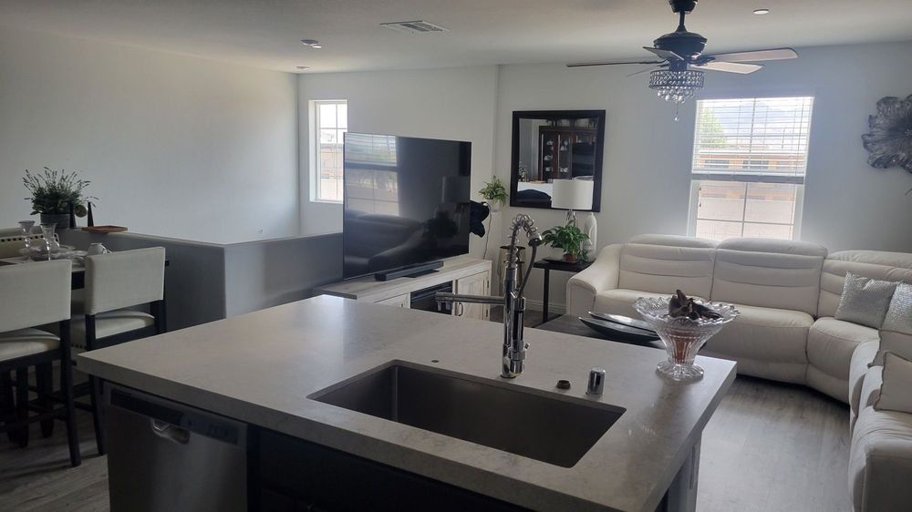 Quartz island in an open-plan kitchen